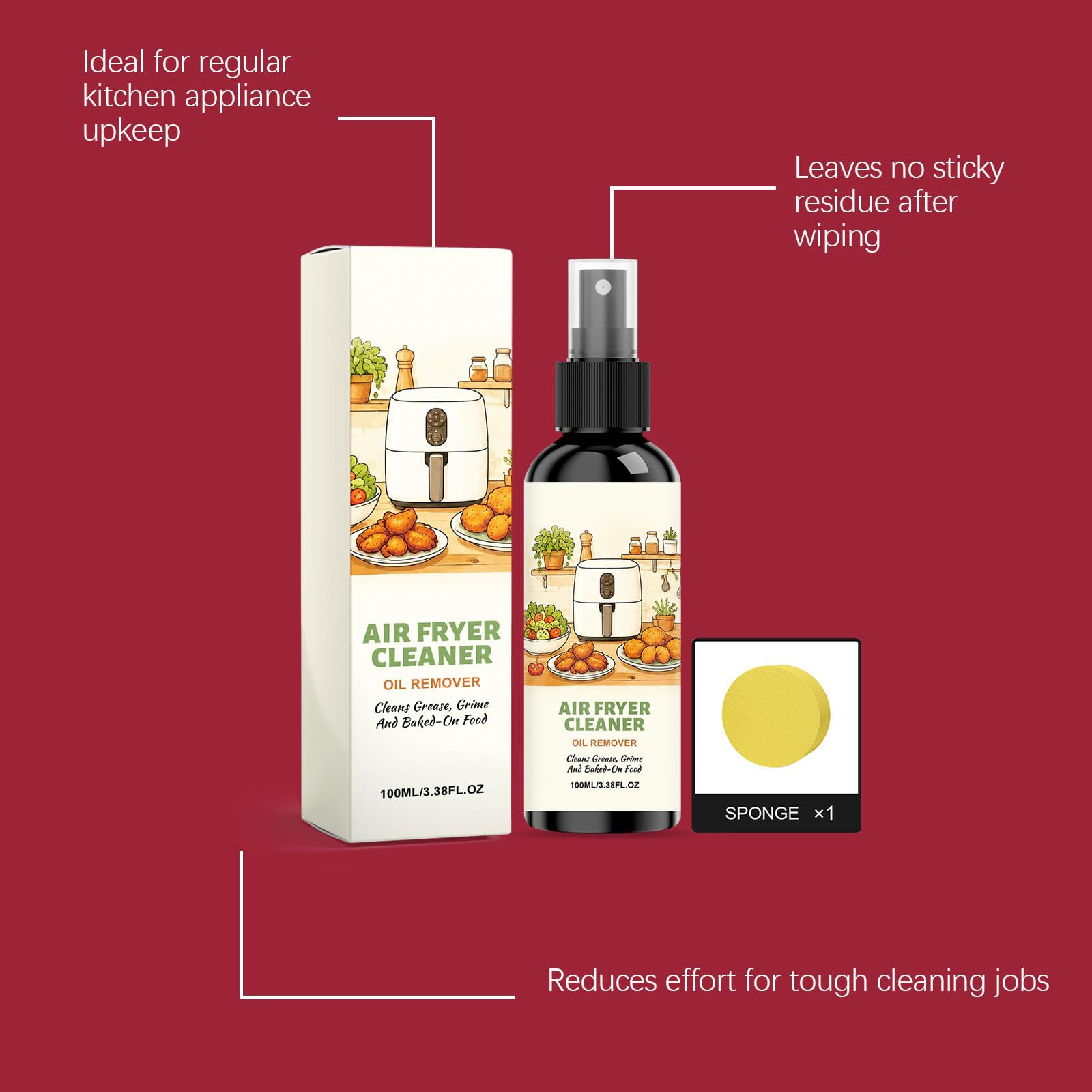 Spray limpiador para freidoras de aire caliente – Limpiador de cocina para horno, estufa, parrilla, encimera y utensilios de cocina – Eliminador de aceite y grasa para diferentes superficies con
