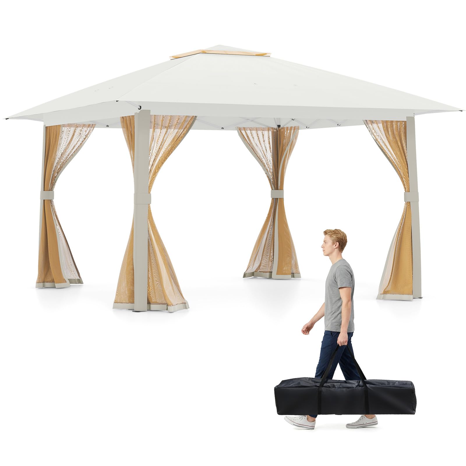 SPOTRAVEL 3.9 x 3.9M Pop Up Gazebo, Height Adjustable Patio Gazebo with Mesh Netting, Vented Roof and Carry Bag, Easy Set up Outdoor Gazebo Sun Shelter (Beige)