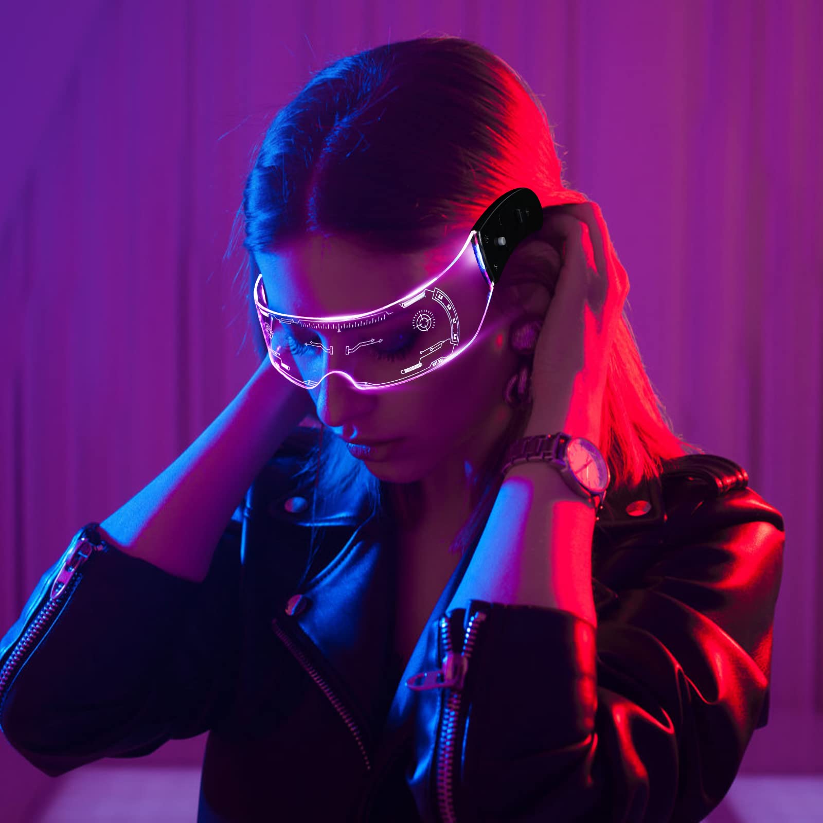 2 paia di occhiali Cyberpunk LED, occhiali LED luminosi, occhiali Rave a 7 colori e 4 modalità, occhiali luminosi per feste, occhiali da festa per cosplay di Cyberpunk, bar, club, Halloween