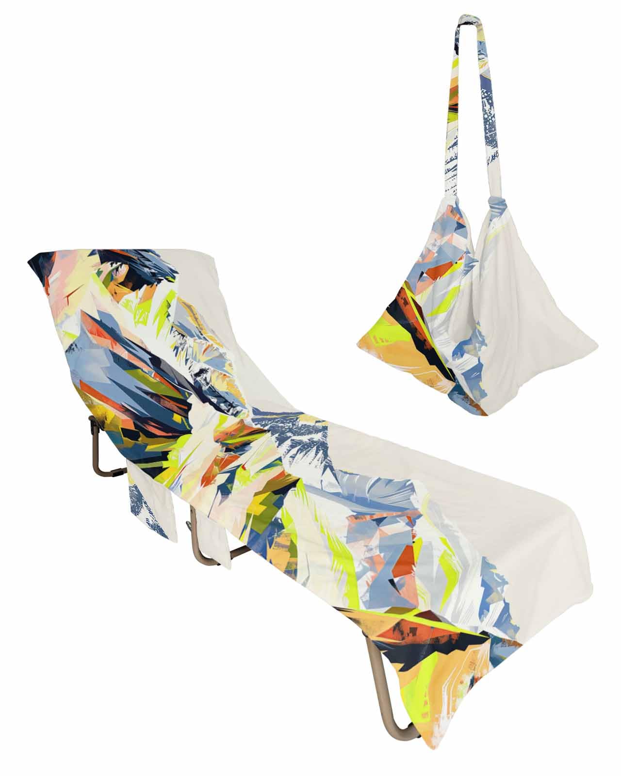 Abstract Mountains Beach Lounge Chair Towel Cover, Soft Chaise Lounge Towel with Side Pockets Patio Pool Chairs Cover for Beach/Pool Sunbathing 29x85 Yellow Green Navy Blue Painting Art
