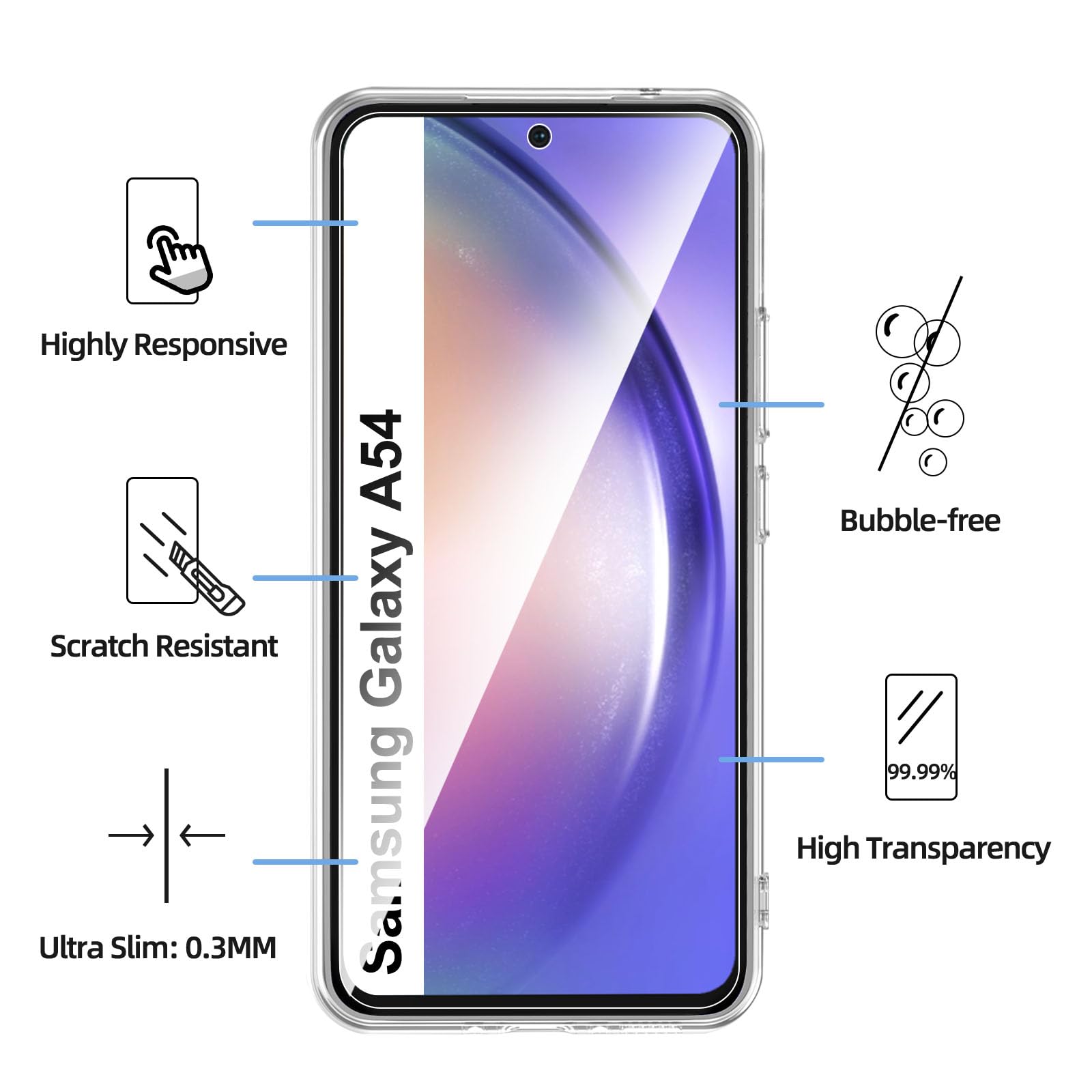 NEW'C Cover per Samsung Galaxy A54 5G Gel TPU in silicone ultra trasparente e 2 × vetro temperato per Samsung Galaxy A54 5G Cristal templado