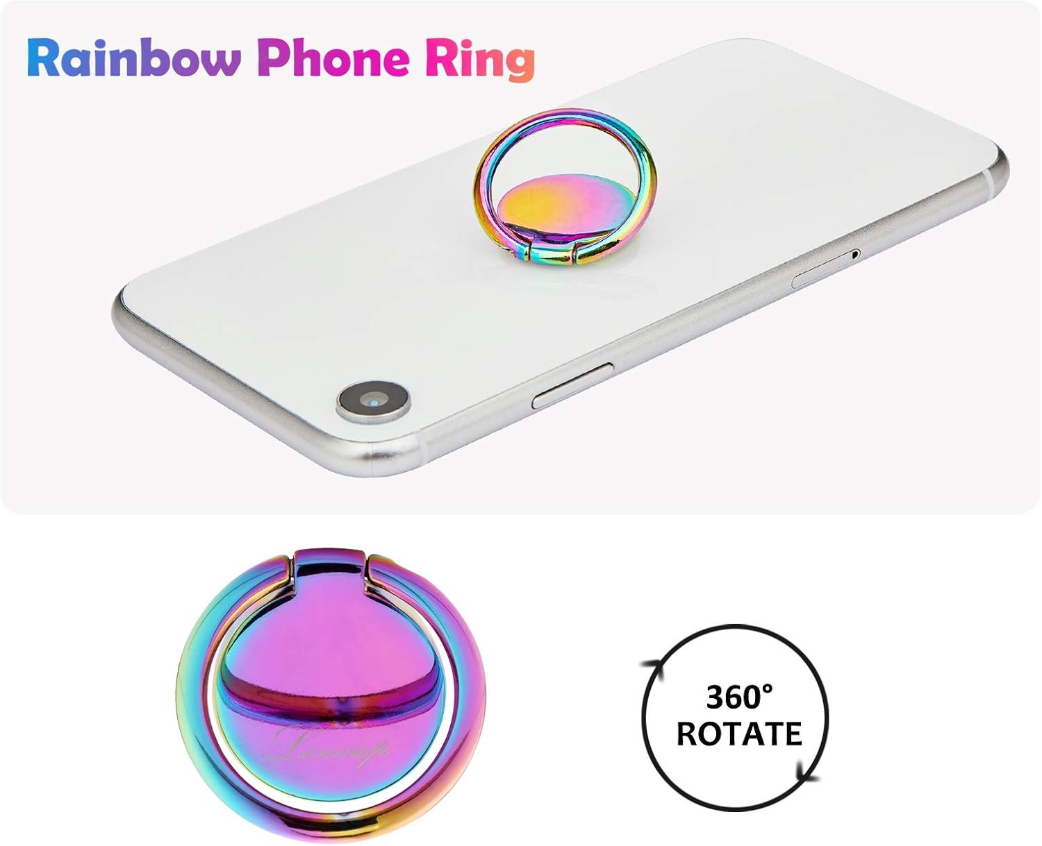 lenoup Rainbow Cell Phone Ring Stand Holder,Purple Multicolor Ring Grip Kickstand,360 Rotation Metal Finger Ring for Almost All Phones,Pad