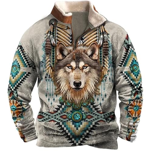 famesale Men's Native American Indian Sweatshirts Retro Indian Wolf 3D Printed Ethnic Totem 1/4 Zip Jacket Long Sleeve Pullover Sweatshirts