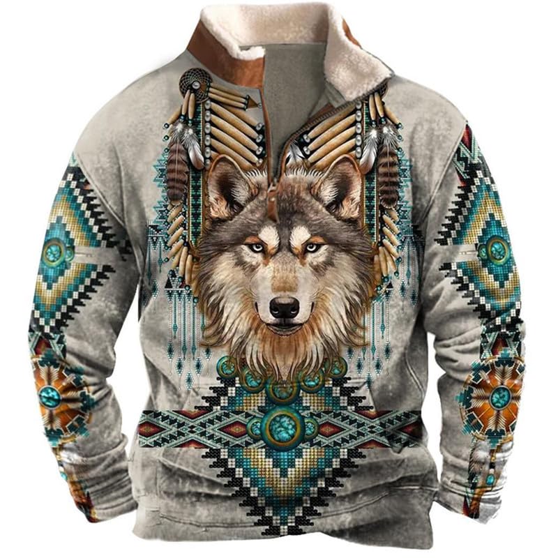 Sudaderas Indio Nativo Americano para Hombre Lobo Indio Retro Tótem Étnico Impreso en 3D 1/4 Chaqueta con Cremallera Sudaderas de Manga Larga