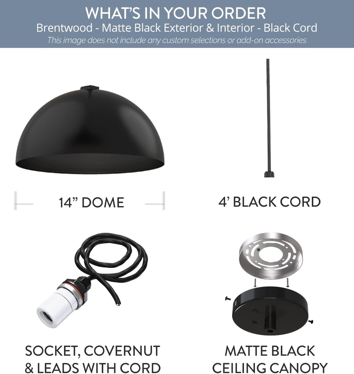 Steel Lighting Co. Brentwood Pendant Light | Ceiling Mounted | 14 inch Round Dome | Modern Contemporary Farmhouse Style Made in America | Black Cord | Matte Black Exterior/Matte Black Interior