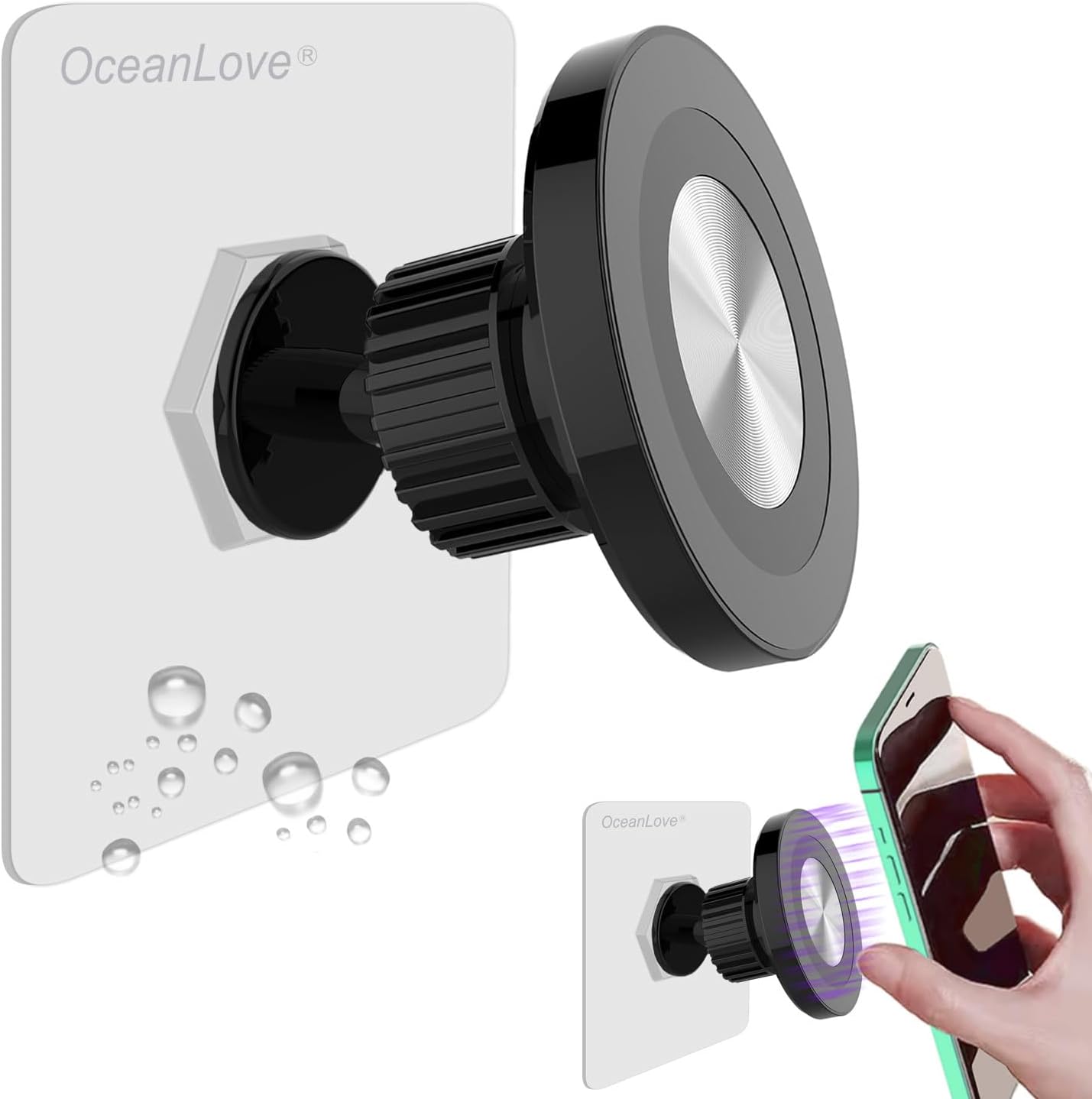 OCEANLOVE for MagSafe Wall Mount Magnetic Phone Holder, 2 Pack, Self-Adhesive, Rotatable Ball,Waterproof, Compatible with iPhone 17/16/15/14/13/12, Shower Mirror Gym Bathroom Kitchen (Black)