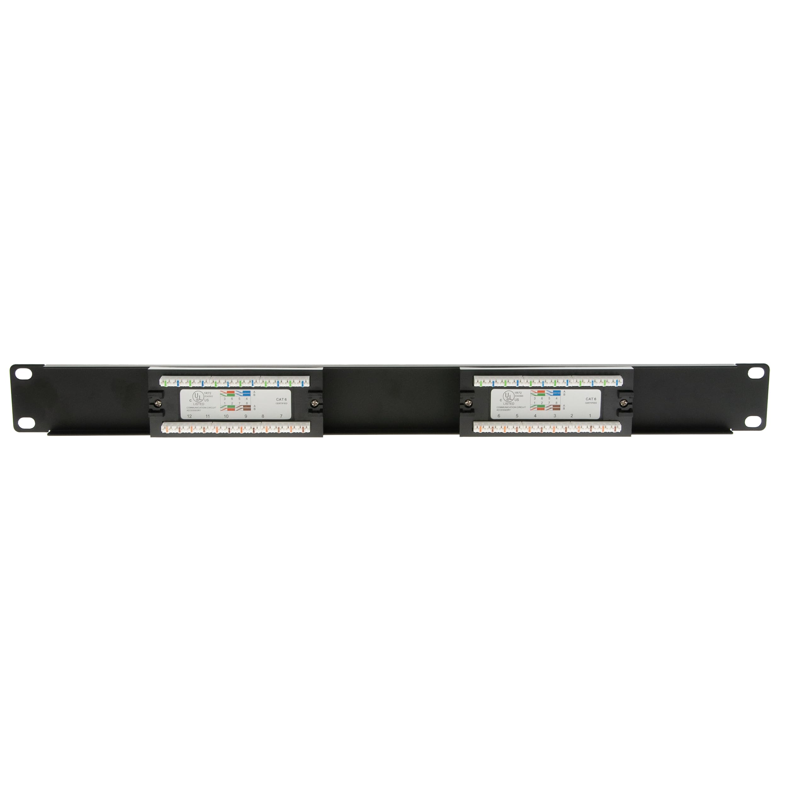 CableWholesale 12-portowy panel krosowy Cat6, 48.3 cm poziomy panel do montażu w szafie lub na ścianie, typ RJ45 Ethernet 110, kompatybilny z 568A/568B, 1U, czarny