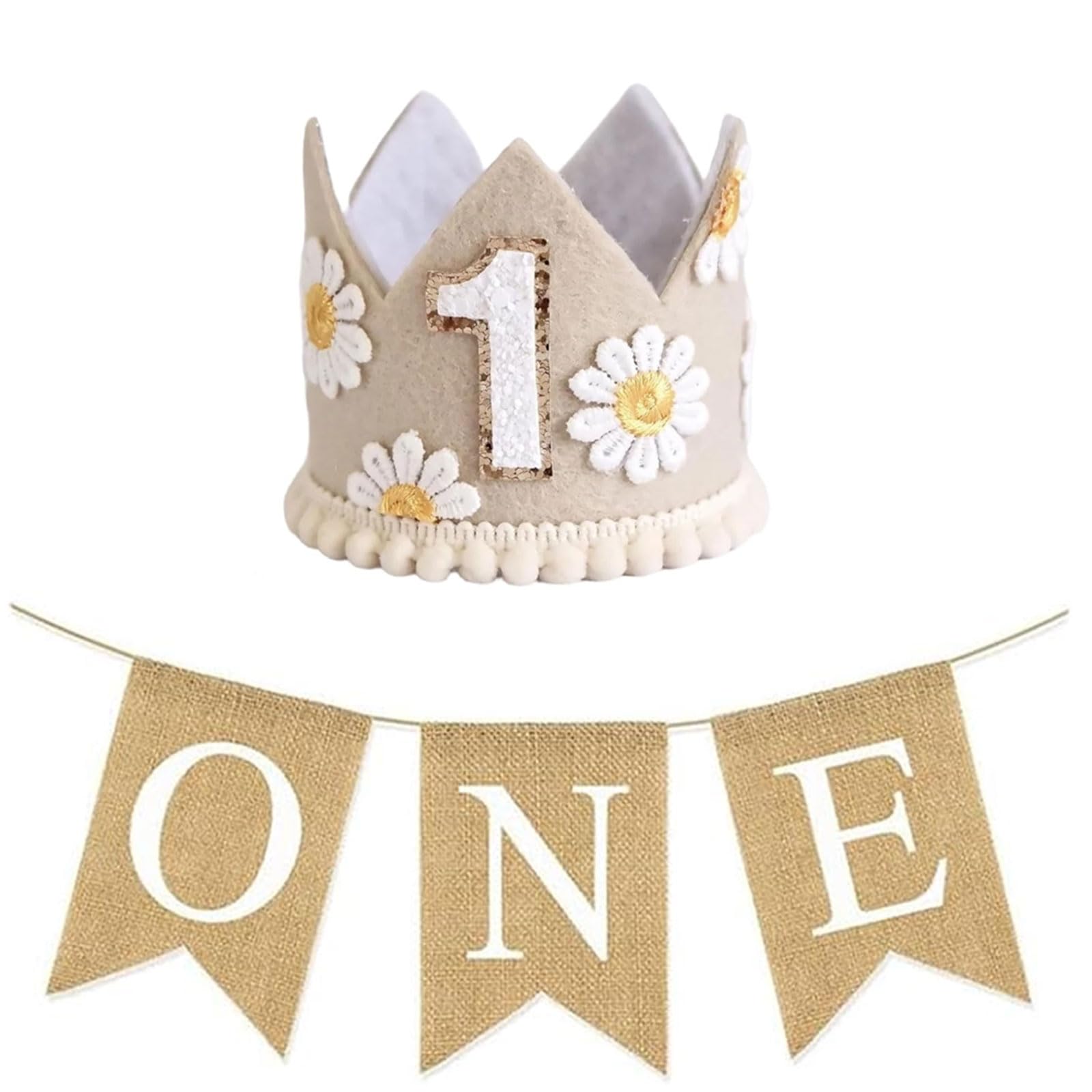 Tazuxetuqe Daisy 1st Birthday Decorations Set - Felt Crown Featuring 1" & Burlap ONE Highchair Banner for Baby Girl, Boho Floral Theme Cake Smash Photo Prop and Party