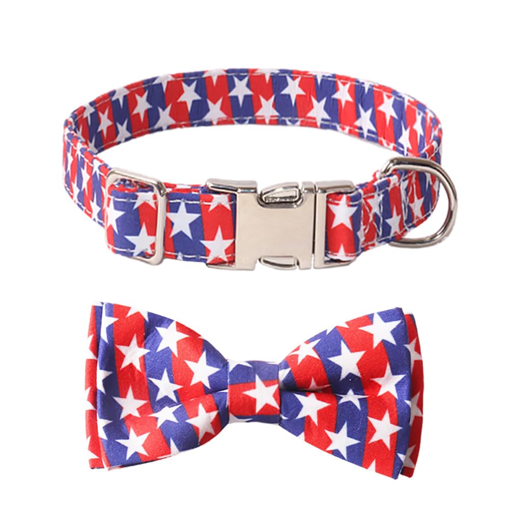 Bnibol 4th of July American Flag Dog Collar, Red Blue Bow Tie Dog Collar with Metal Adjustable Buckle,Soft and Comfortable Independence Day Dog