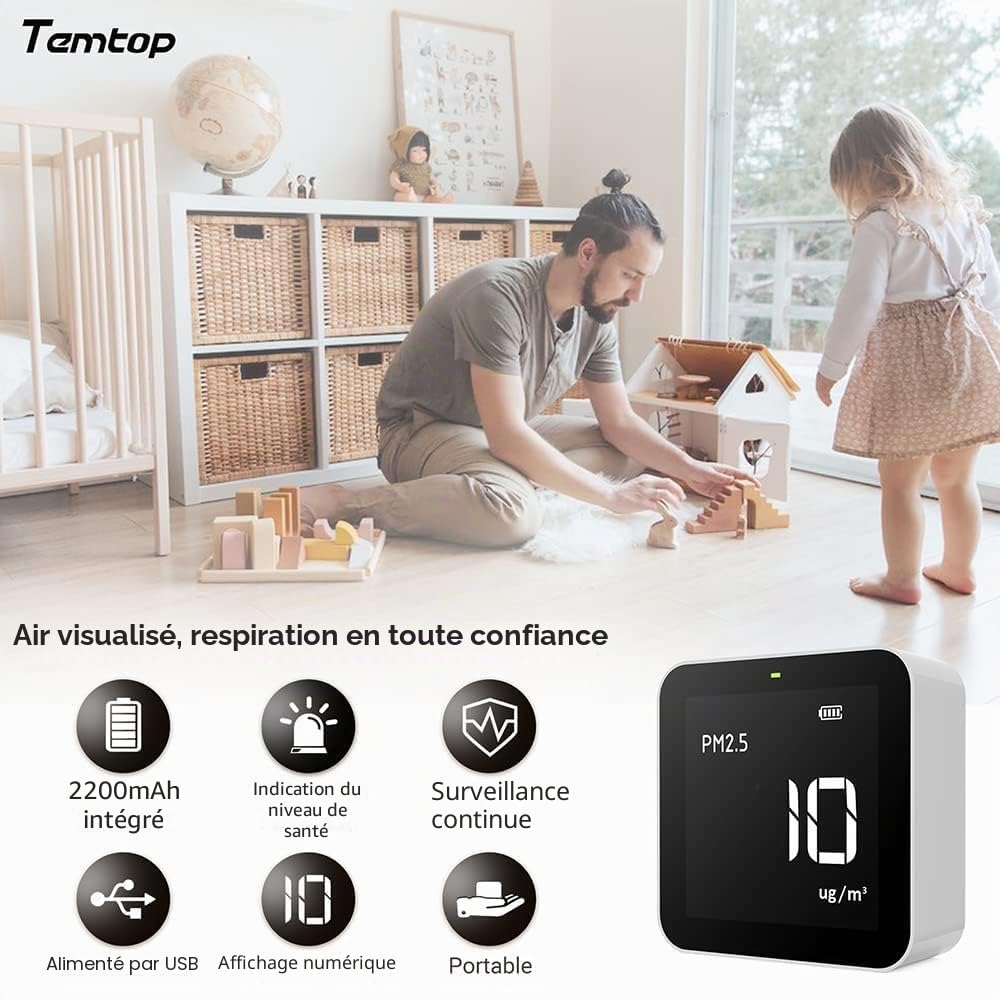 Temtop M10 Surveiller Détecteur de Qualité de l'air pour PM2.5/HCHO/TVOC/AQI, Portable Moniteur Intelligent, Batterie Rechargeable