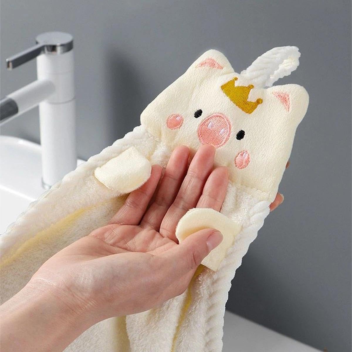 1PC Cute Crown Pig Hand Towel Coral Velvet Soft Absorbent Cloth Dishcloths Hanging Cloth Kitchen Bathroom Lazy Rag