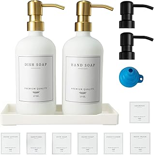 Glass Soap Dispenser for Kitchen Sink,Farmhouse Kitchen Dish Soap Dispenser&Hand Soap Dispenser Set,Rustproof Pump Soap Dispenser Bathroom with Tray,Waterproof Label for Kitchen Decor(White