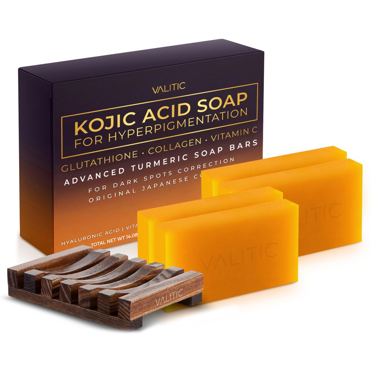 Valitic Kojic Acid Dark Spot Remover Soap Bar with Vitamin C, Retinol, Collagen, Turmeric - Original Japanese Complex - Hyaluronic Acid, Vitamin E, Shea Butter, Castile Oil (4 Pack) With Soap Holder