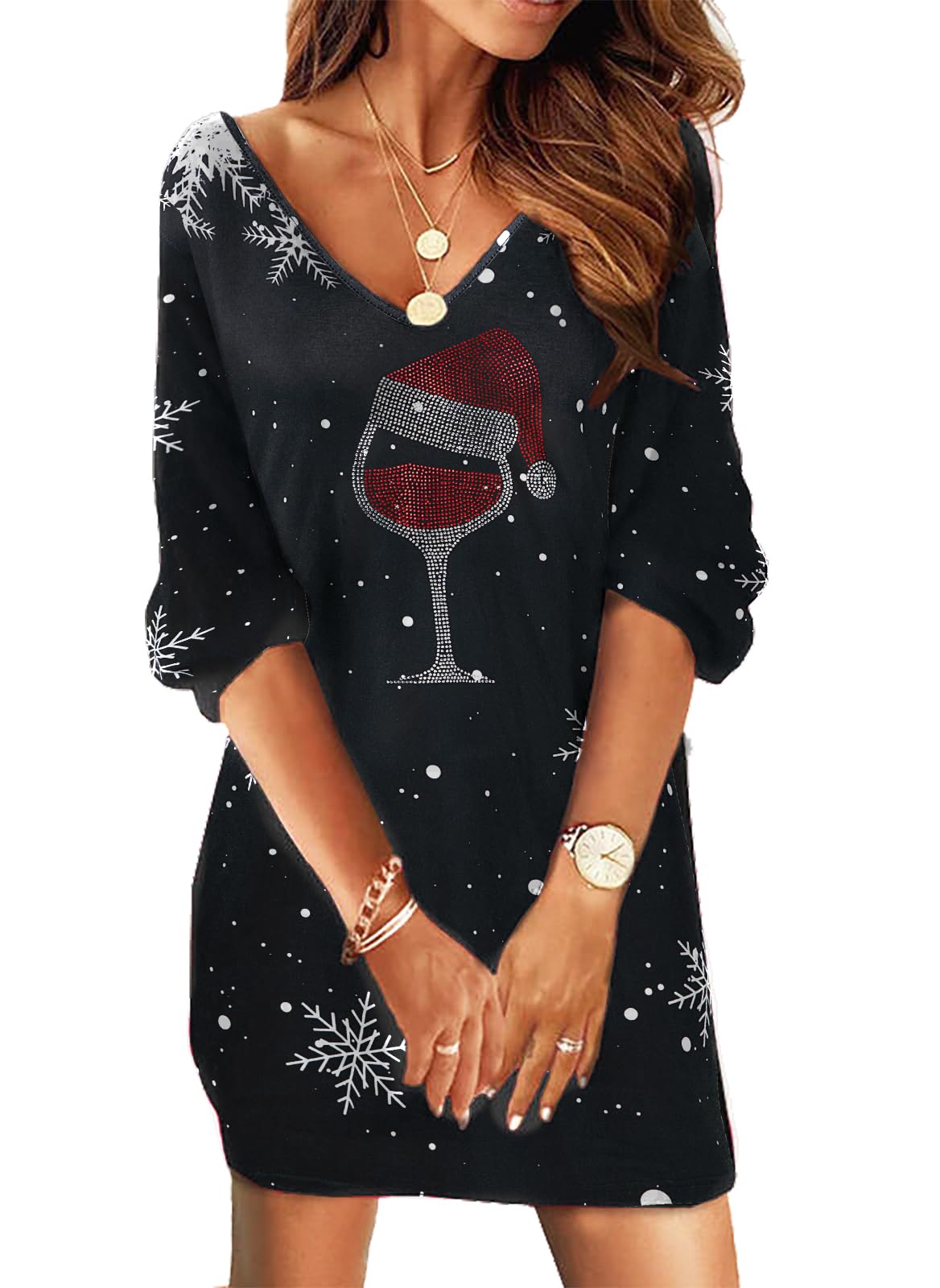 UNIQUEONE Women Dress Shirt Christmas Long Sleeve Tops Red Wine Glass Christmas Shirts V Neck Xmas Santa Hat Graphic Pullover