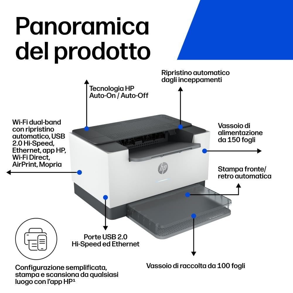 HP LaserJet M209dw Stampante A4 Bianco e Nero Fronte e Retro Automatica 29 ppm USB Wi-Fi Ethernet Grigia