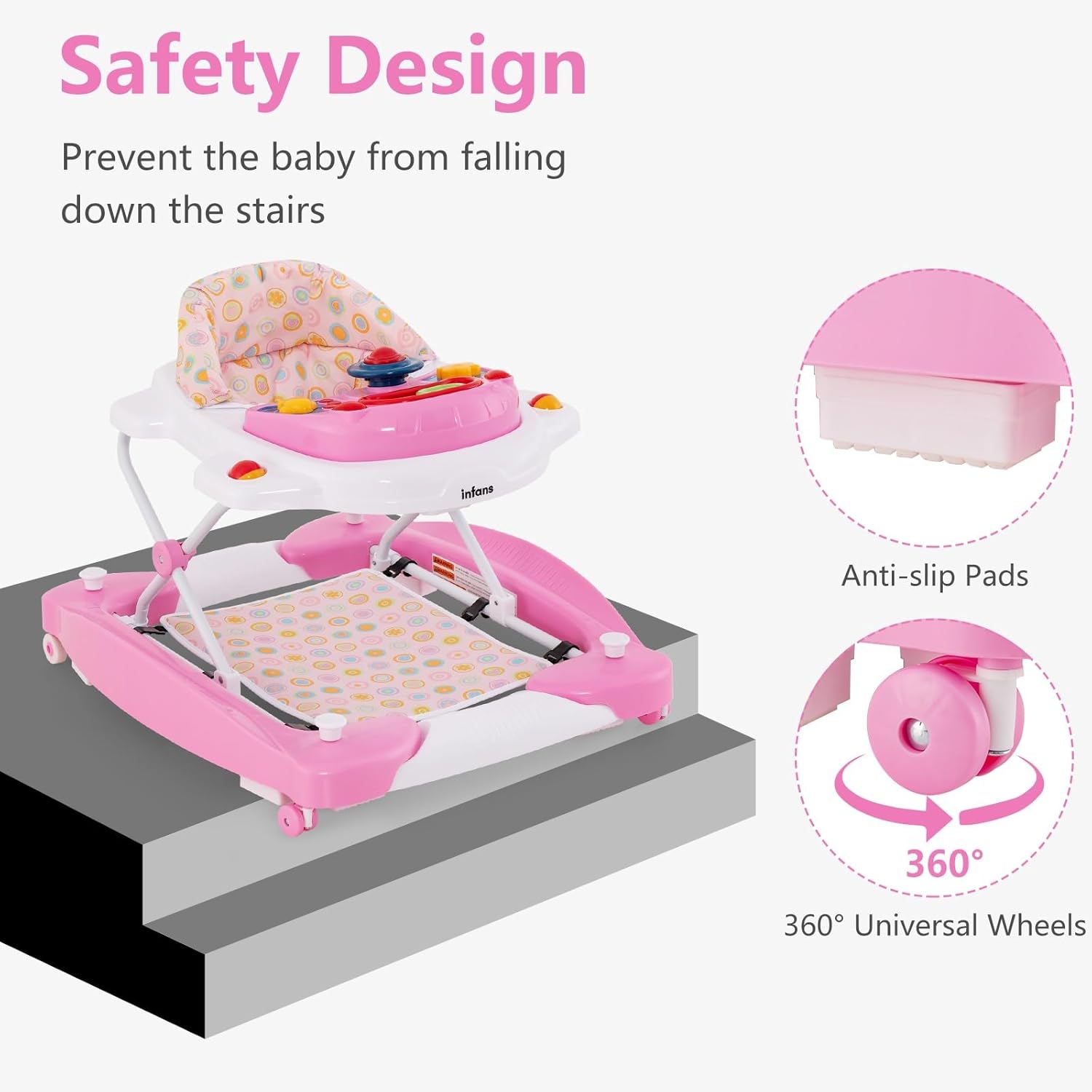 INFANS Baby Walker, 5 in 1 Behind Walker Learning Seated Rocker Bouncer with Removable Music Tray, Adjustable Height, Washable Seat Cushion, Foldable Activity Center for Toddlers (Pink) image 8 of 9 B0CP6N7R98