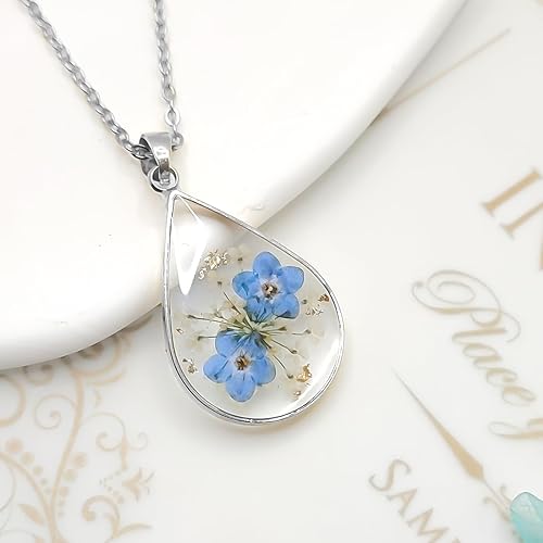 Miniatura 2 de Collar de flores silvestres prensadas con encaje de Forget-Me-Not y Queen Anne Collar de flores prensadas de oro Collares hechos a mano