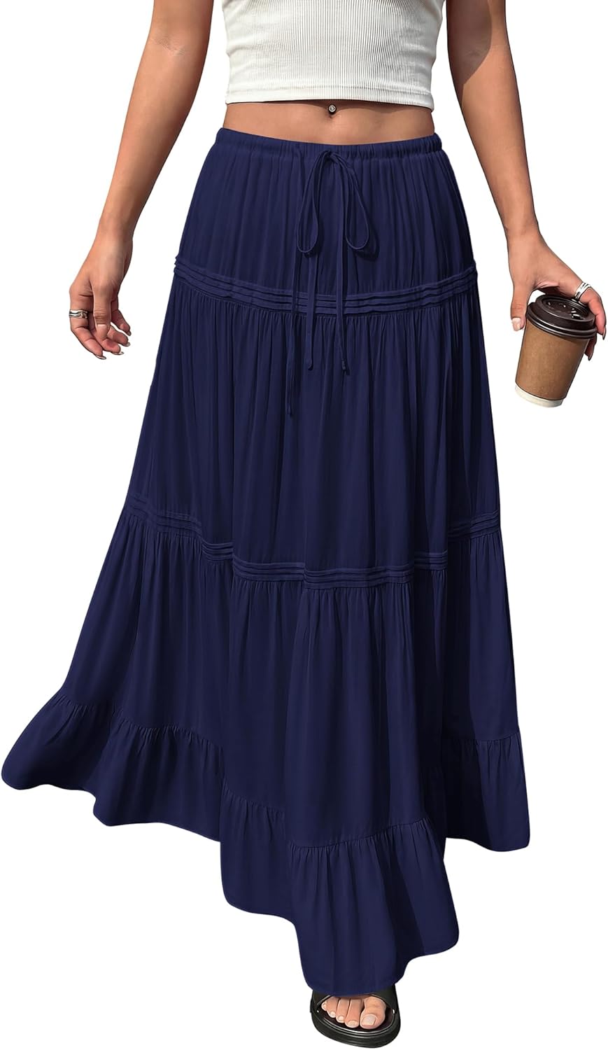 BTFBM Spring Skirts for Women 2026 Summer Boho Beach Vacation Clothes Casual Pleated High Waisted Flowy Maxi Skirt