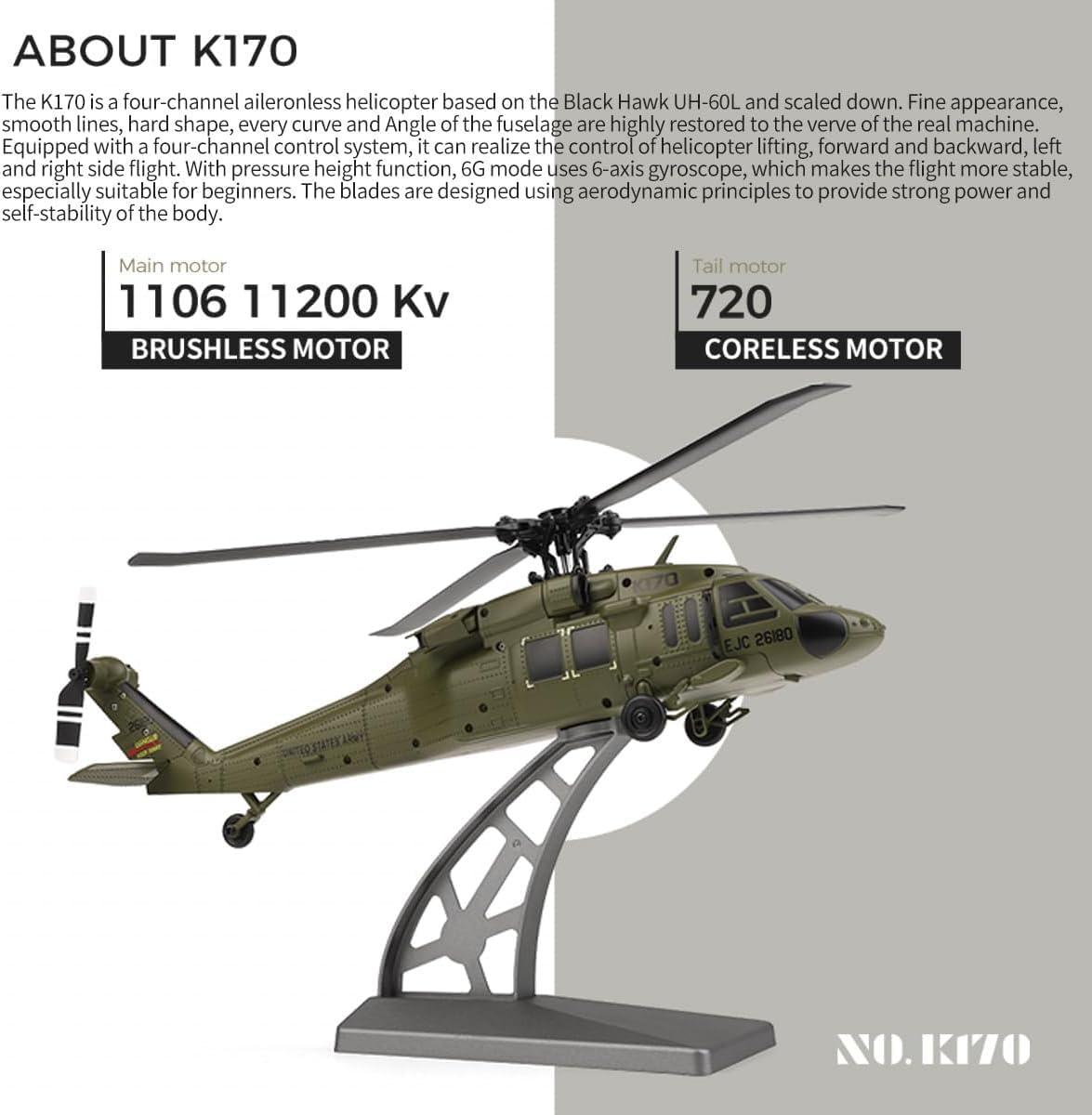 NULA K170 UH60L RC Hubschrauber für Erwachsene, 2,4G 4CH 6-Achsen-Gyro Ferngesteuerter Helikopter Militärflugzeug Bürstenloser Motor Höhenschwebeflug – RTF / 3 Akku