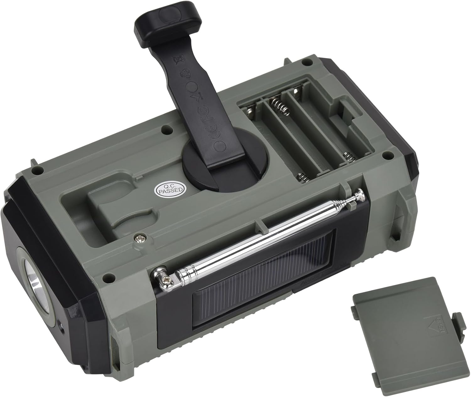 กลับ view ภาพแสดงวิทยุฉุกเฉิน HanRongDa HRD-905 พร้อมช่องใส่ที่หมุนมือและช่องใส่แบตเตอรี่แห้ง