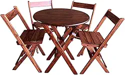 Conjunto Mesa Redonda 70cm Dobrável com 4 Cadeiras em Madeira Maciça - Imbuia