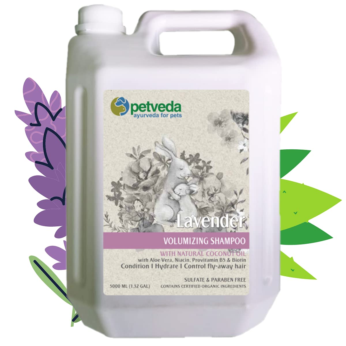 P E T V E D A Ayurvedic Lavender Pet Shampoo for Dogs & Cats, Conditioning & Volumizing with Natural Coconut Oil, Sulphate, Paraben Free, 5000ml