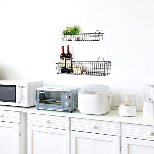 Miniatura 4 de MyGift Cestas de alambre de 2 piezas de 30 pulgadas para almacenamiento y organización, estantes de exhibición de metal montados en la pared negros