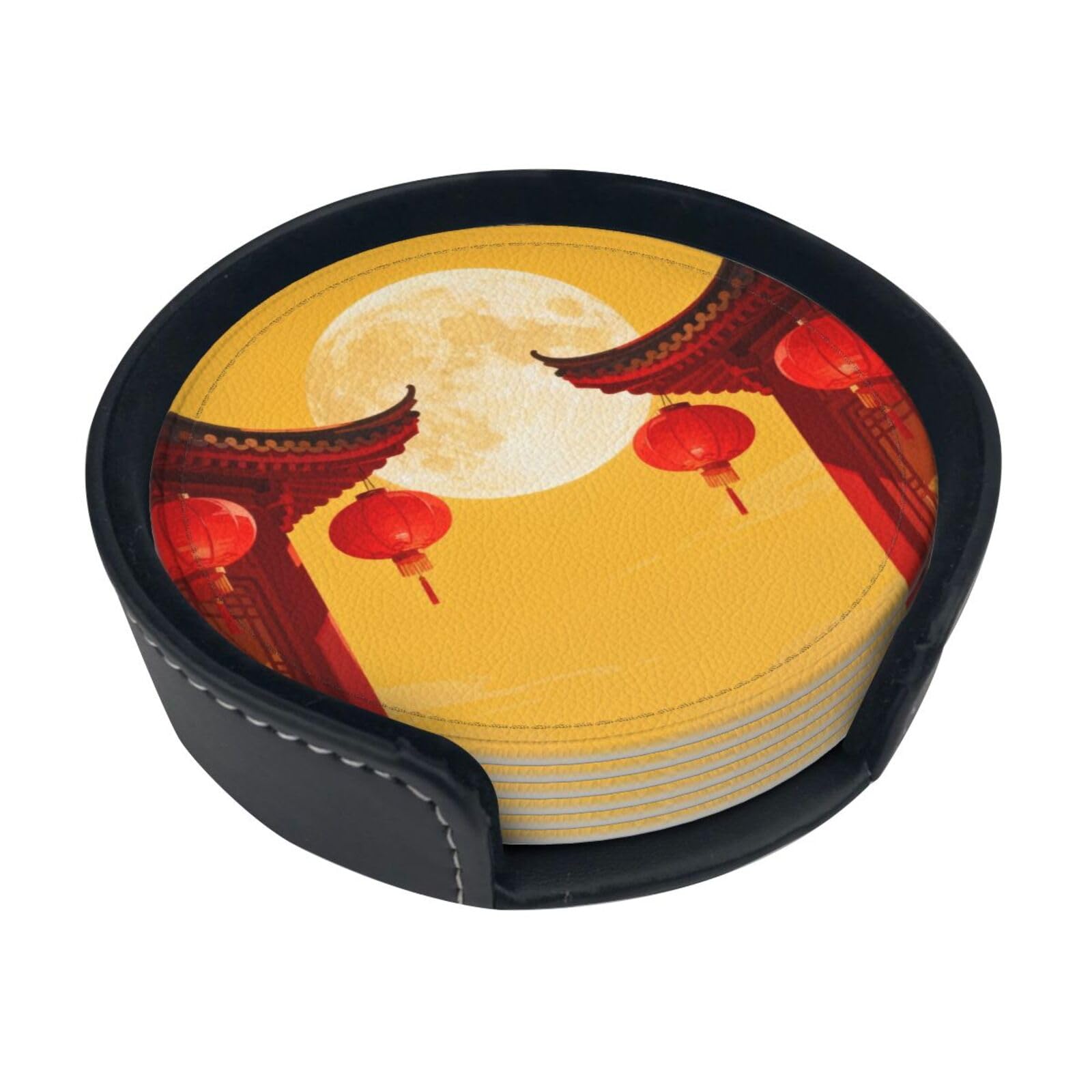 Cntdbu White Lantern Full Moon Leather Coasters Set Of 6-Pu Leather Drink Mats For Table, Heat Resistant Round Coasters With Holder