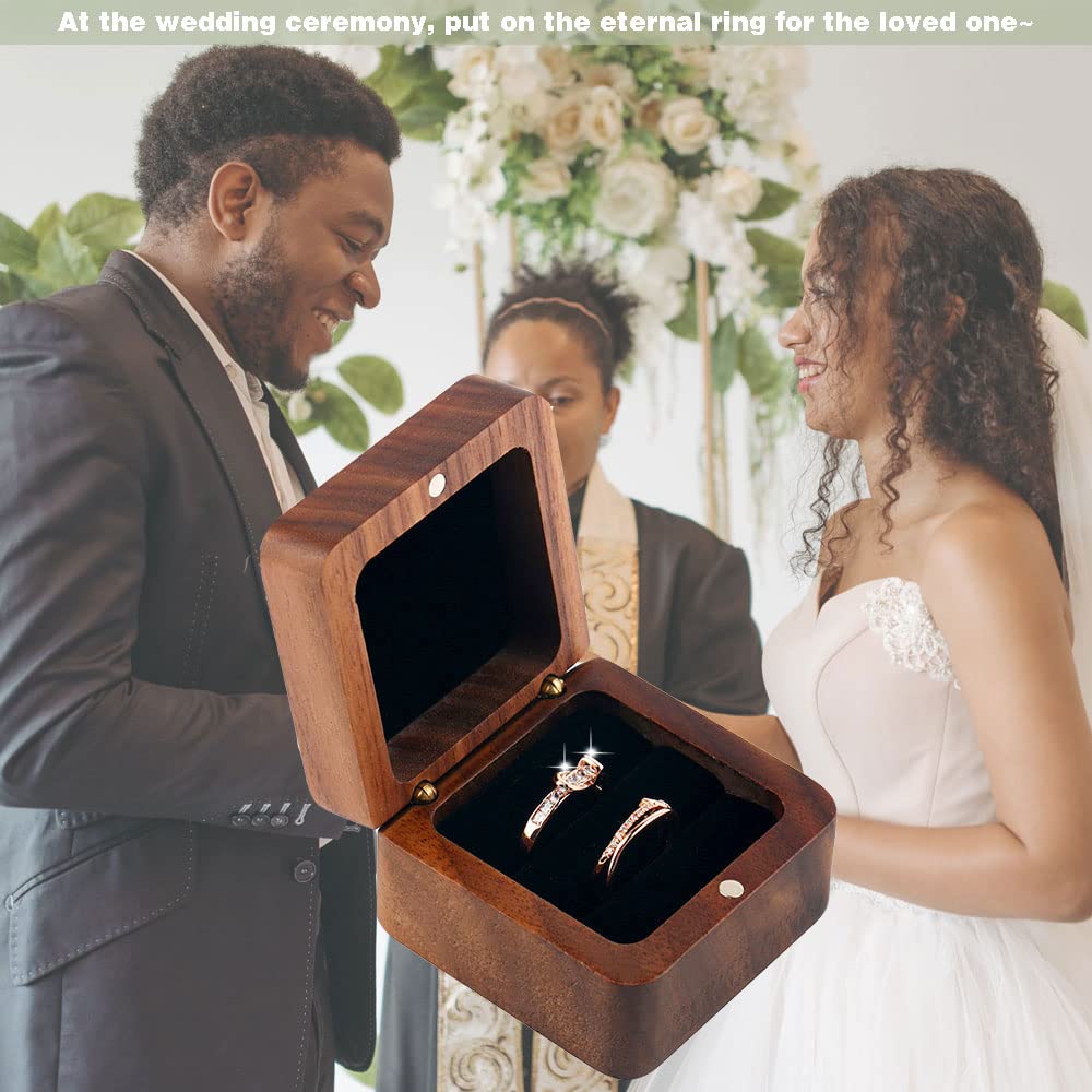 WANLIAN Walnut Engagement Ring Box, Solid Wood Square Double Ring Jewelry Storage Box, Used for Marriage Proposal, Wedding