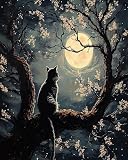 AxiangziK scène de nuit au clair de lune Broderie Point de Croix Canevas Kits 11C Tchat dans un arbre,Adulte Debutant Pré Imprimé Point de Croix Kit Complet DIY Décoration d'intérieur,40x50cm