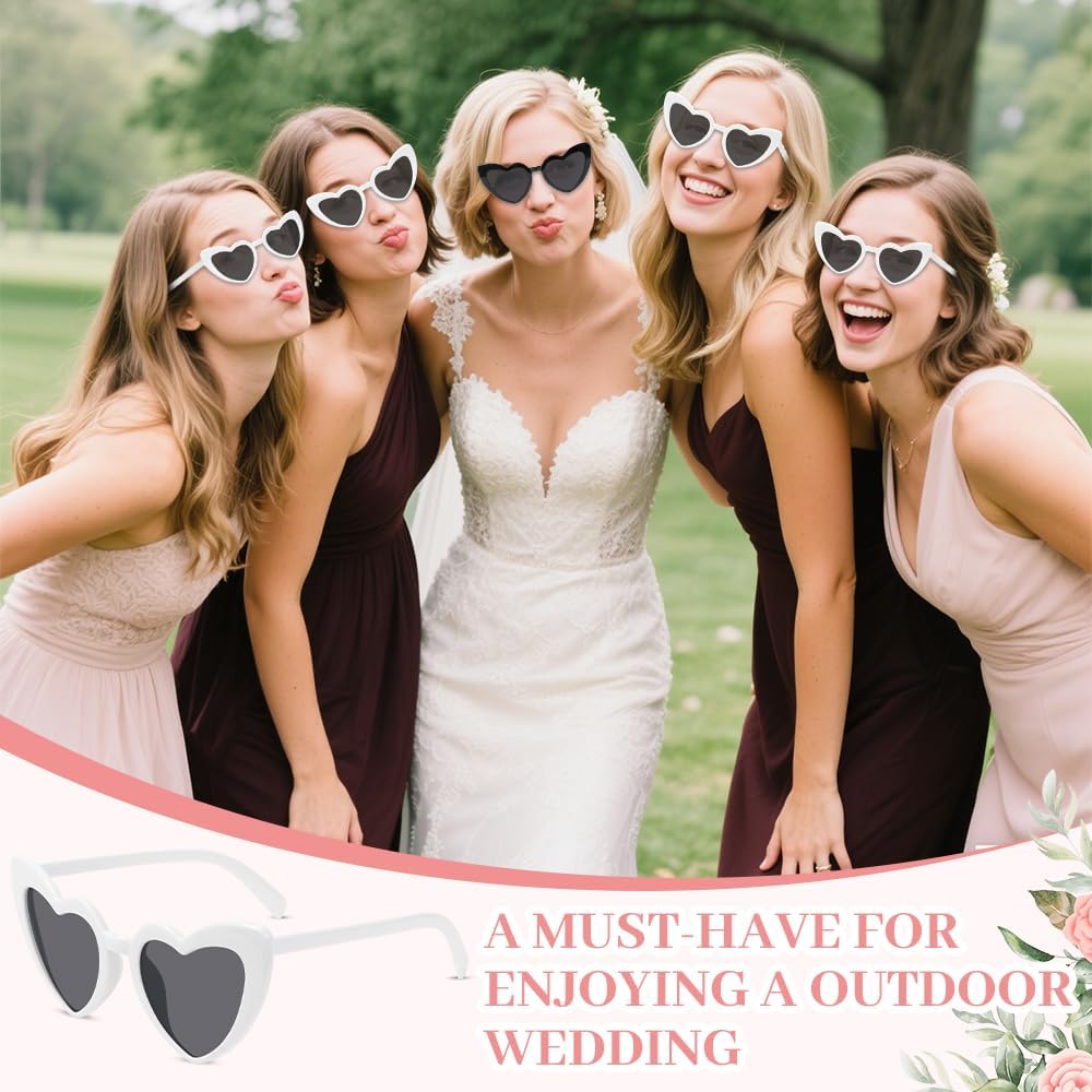 51 Pairs White Heart Shaped Sunglasses Bulk Set, 50 Wedding Sunglasses for Guests and 1 Wooden Signboard, Bridesmaid Sunglasses for Wedding Reception and Bachelorette Favors