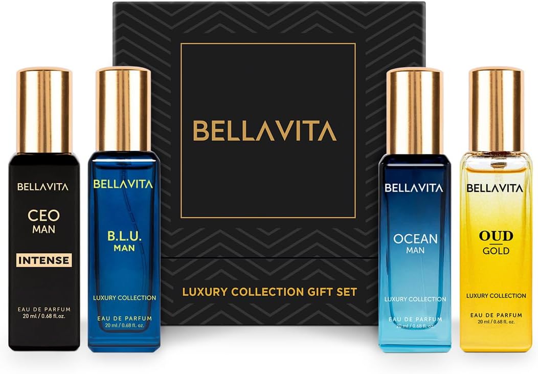 Bellavita Luxury Men's Luxury Perfume Gift Set with Gold Oud,OCEAN, B.L.U., & CEO Man Intense | 80ml | Perfume for Men and Women | Lavender, Bergamot, and Caramel Notes | Long Lasting Unisex Fragrance | Gift Set, Premium, Perfume Set, Perfume Gift