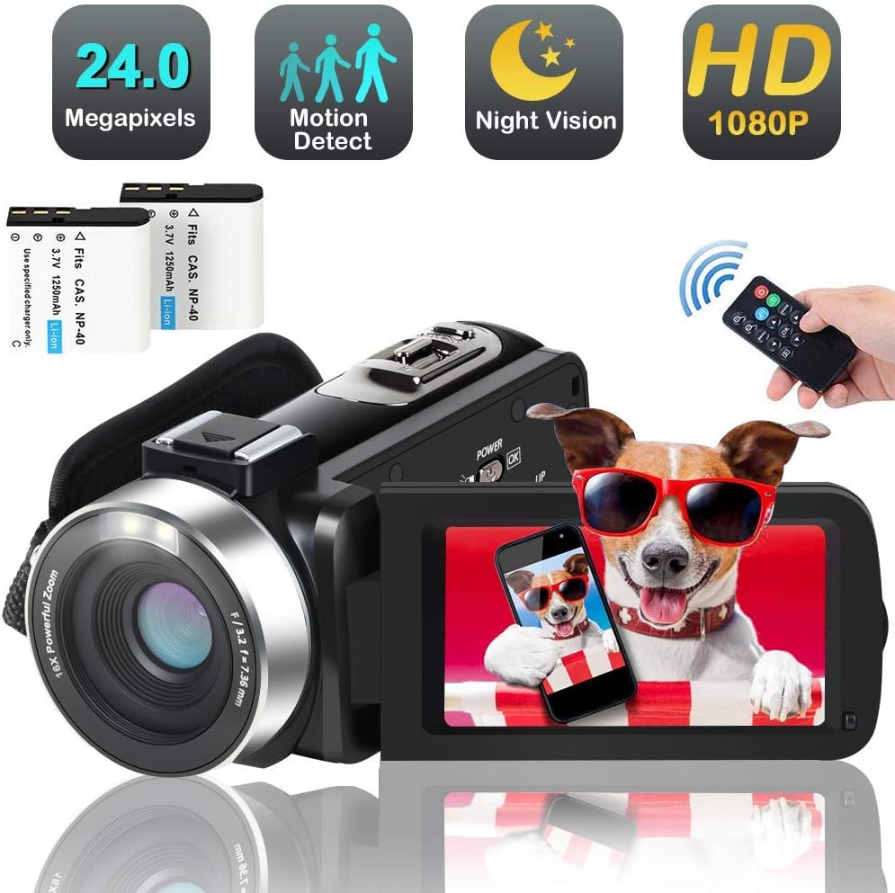 Video Camera Camcorder, 1080p 30FPS Digital YouTube Vlogging Camera Recorder with LED Fill in Light Support External Microphone Full HD 30MP 18X Digital Zoom with 2 Batteries HDMI Cable Included