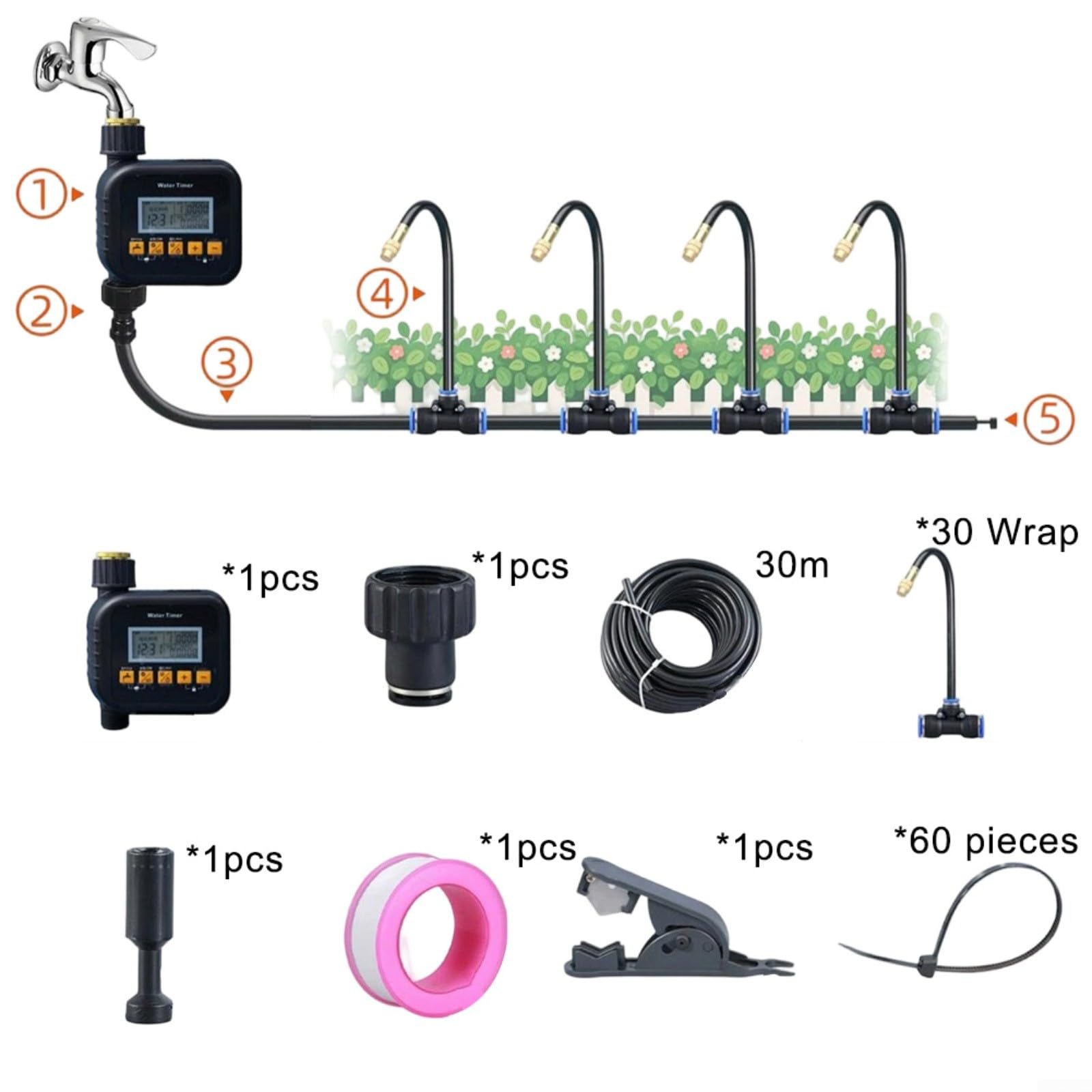 Sistema di irrigazione automatico con timer, ugelli regolabili a 360°, kit di irrigazione a goccia per giardino, connettore rapido, tubo in polietilene (30 m)