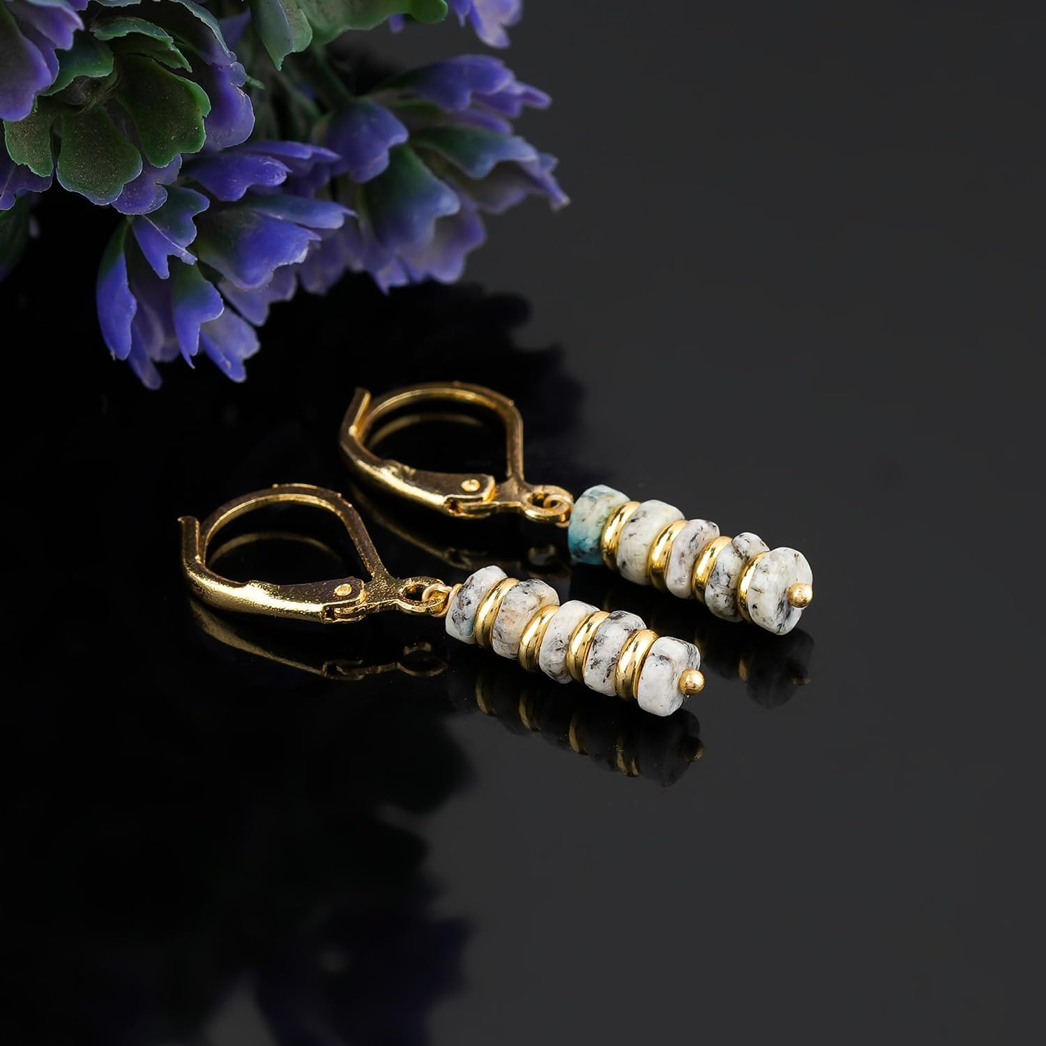 TGH Natural Gemstone Leverback Earrings - Lightweight Beaded Crystal Jewelry - Gold Plated Brass Hypoallergenic - Handmade Gift for Women