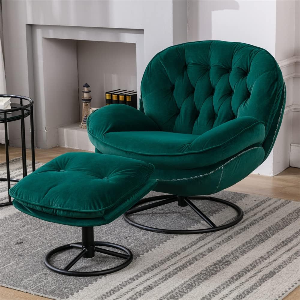 Velvet Swivel Accent Chair with Ottoman Set, Modern Lounge Chair with Metal Base Frame & Footrest, Comfortable Single Leisure Sofa Chair Reading Chair with 360 Degree Swiveling for Living Room, Green