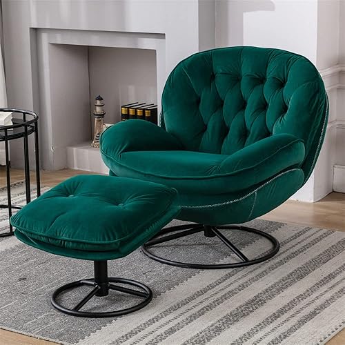 Velvet Swivel Accent Chair with Ottoman Set, Modern Lounge Chair with Metal Base Frame & Footrest, Comfortable Single Leisure Sofa Chair Reading Chair with 360 Degree Swiveling for Living Room, Green