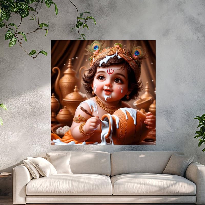 Image of British Terminal Cute little Bal Gopal Baby God Krishna| Kanha Ji | Laddu Lord Makhan Chor Painting Religious Poster for Pregnant Women for wall (matt thin vinyl,sticker,multicolor,unframed)| bj407