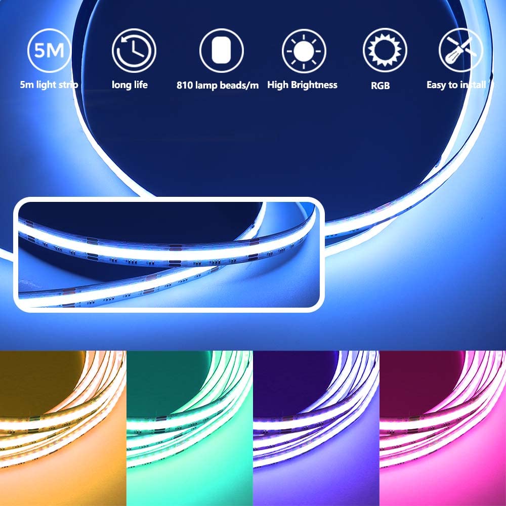 Arotelicht COB LED Strip RGB 5m 12V COB LED Tape Dimmable Fairy Lights High Density 810LEDs/M IP20 for Bedroom Kitchen Home Interior Decoration - Image 2