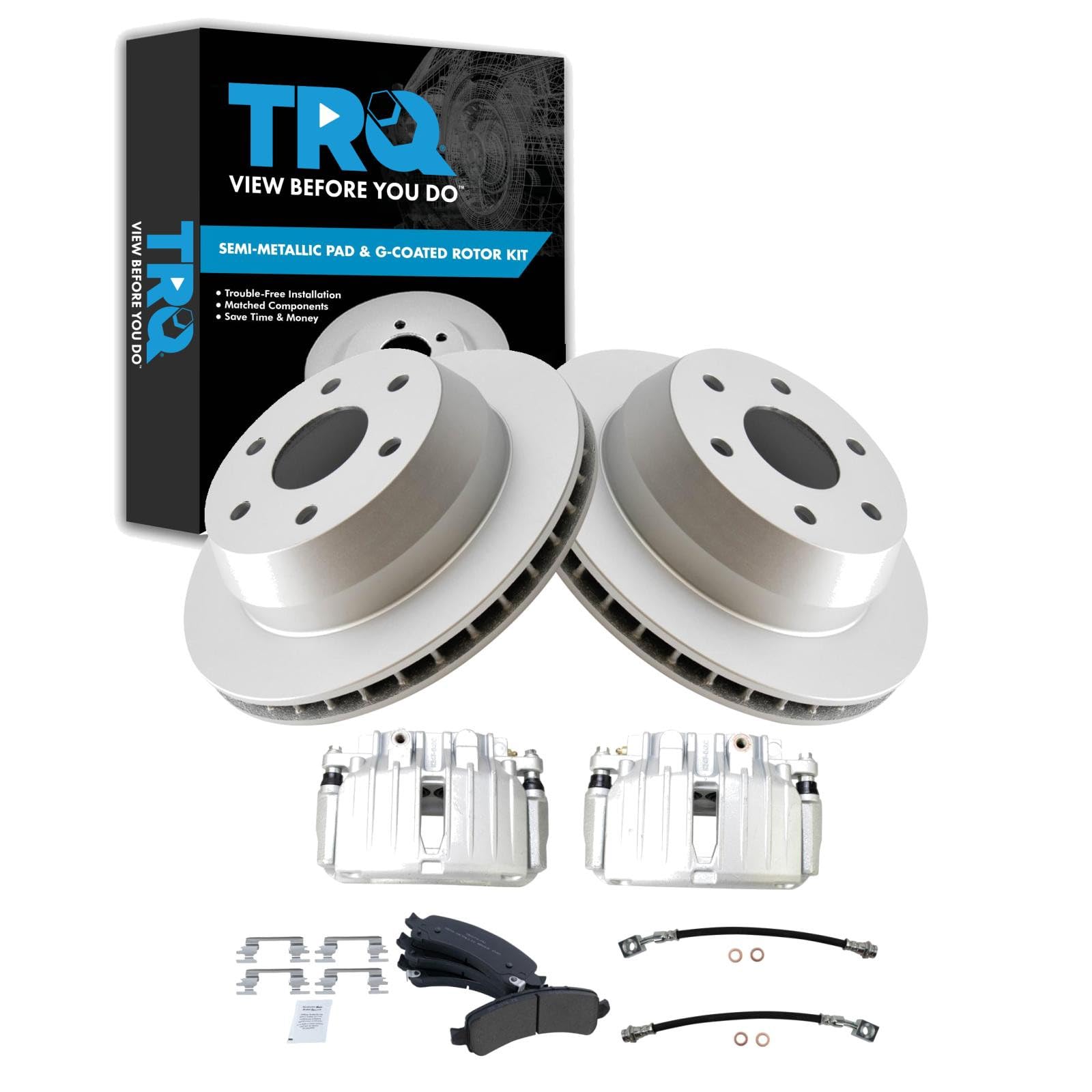 TRQ Rear Brake Pad and Rotor Set Semi Metallic Coated Rotors Calipers Compatible with 2002 Chevrolet Avalanche 1500 Suburban 1500 Tahoe GMC Yukon Yukon XL 1500