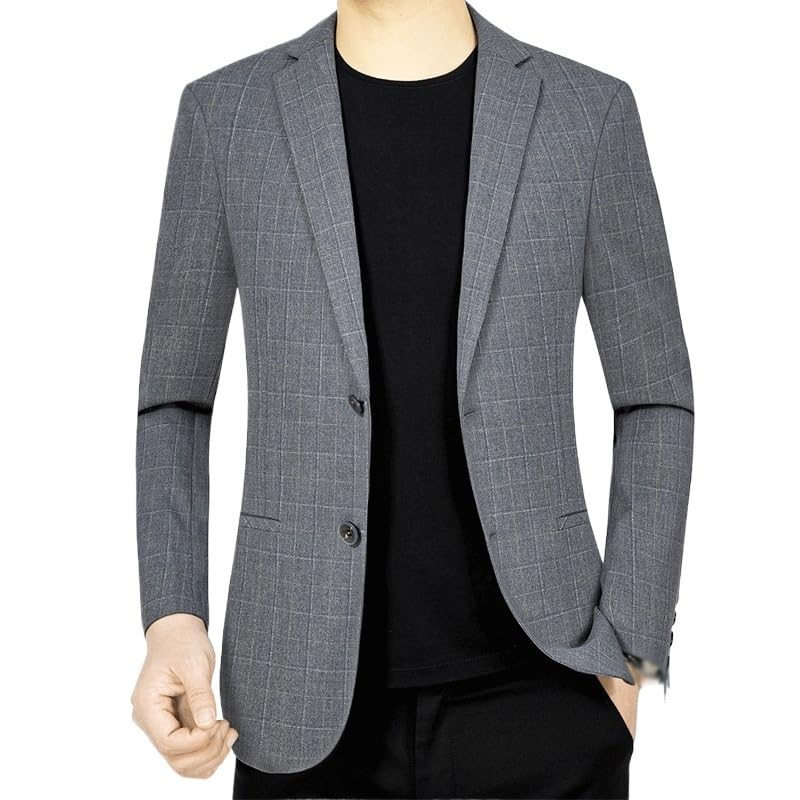 Mens Gray Plaid Causal Suit Blazers Slim Fit Sport JacketsTwo Button for Wedding Prom Homecoming