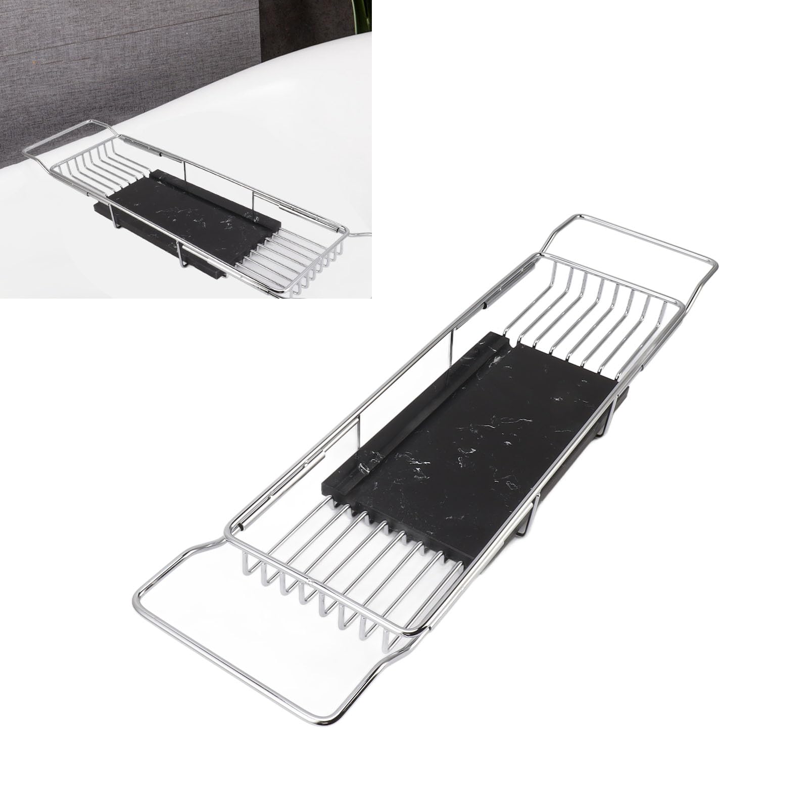 Bandeja de metal de mármol para bañera, estante de baño expandible de lujo para bañera, multifuncional, elegante diseño plateado y negro, perfecto para baños relajantes