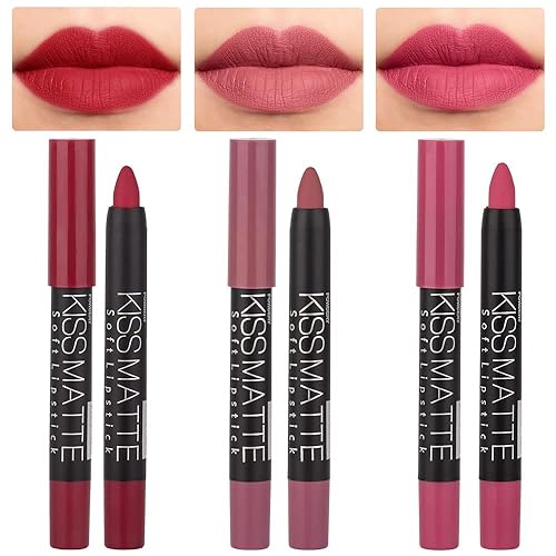 Juego de 3 lápices labiales mate con lápiz labial de color rojo castaño malva rosa mate lápiz labial y delineador de labios DNM 24 horas delineador