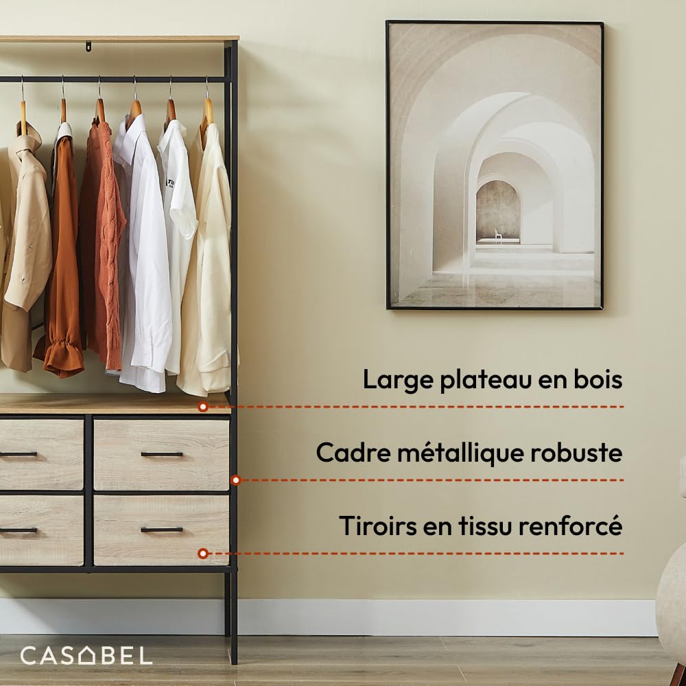 CASABEL Penderie Vêtements 4 Tiroirs en Tissu, Plateaux Bois et Métal Noir | Dressing ouvert, 4 tiroirs, Tringle à vêtements, Étagère supérieure, Gain de place, Structure robuste, Montage rapide