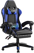 bigzzia Gaming Chair with Massage Function and Footrest, Ergonomic Gaming Chair Adjustable Backrest 90-135°, Gaming Chair with Massage Lumbar Cushion and Headrest, Gamer Chair, Blue
