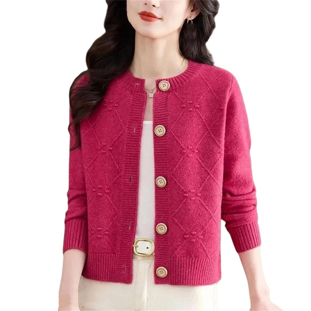 Womens Crew Neck Cardigan Button Front Loose Solid Knit Sweater Casual Fall Winter