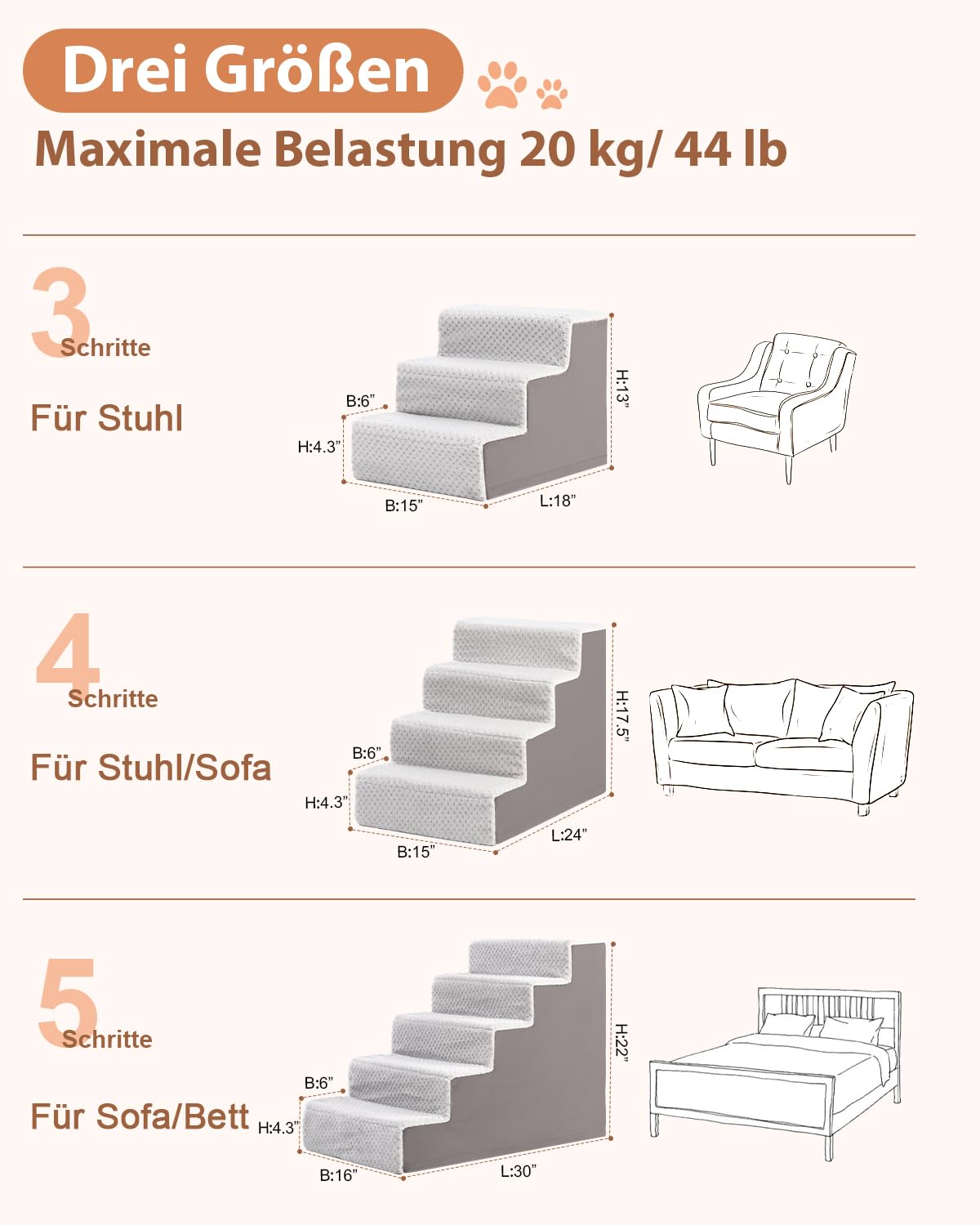 KSIIA Hundetreppe für Kleine Hunde 44cm Hoch, Haustiertreppe mit Abnehmbarem Waschbarem Bezug, Katzentreppe für Alte Katzen Hunde, Rutschfestem Hunderampe Hundetreppe für Bett Sofa, Grau