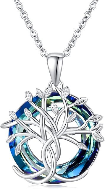 Tree of Life Crystal Pendant Necklace 925 Sterling Silver Blue Crystal Pendant Family Tree Necklace for Women Girls Christmas Gifts Mother's Day