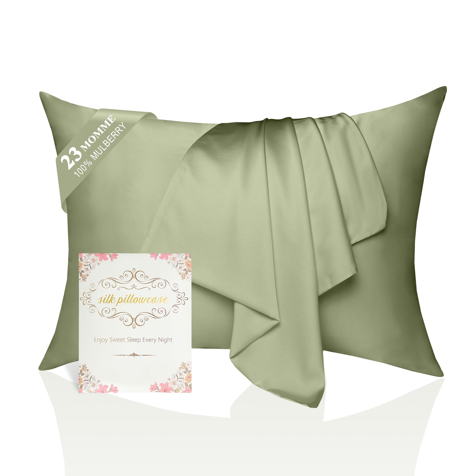100% Mulberry Silk Pillowcase 2 Pack for Hair and Skin, King Size 6A Grade 23 Momme Pure Natural Silk Pillow Case,Soft Silk Pillow Cases with Hidden Zipper (Sage Green, King (20''×36''))