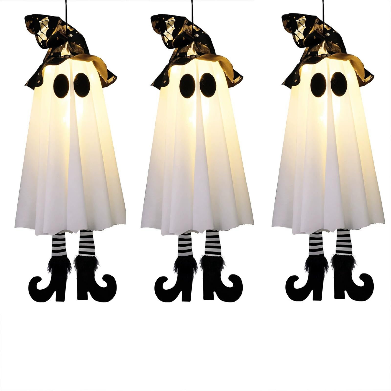 Halloween Hanging Ghost, Halloween Decorations with LED Lights, Glow-in-the-Dark Ghosts with Witch Hat & Striped Legs, Spooky Hanging Ornaments for Garden, Porch, Patio & Outdoor Display